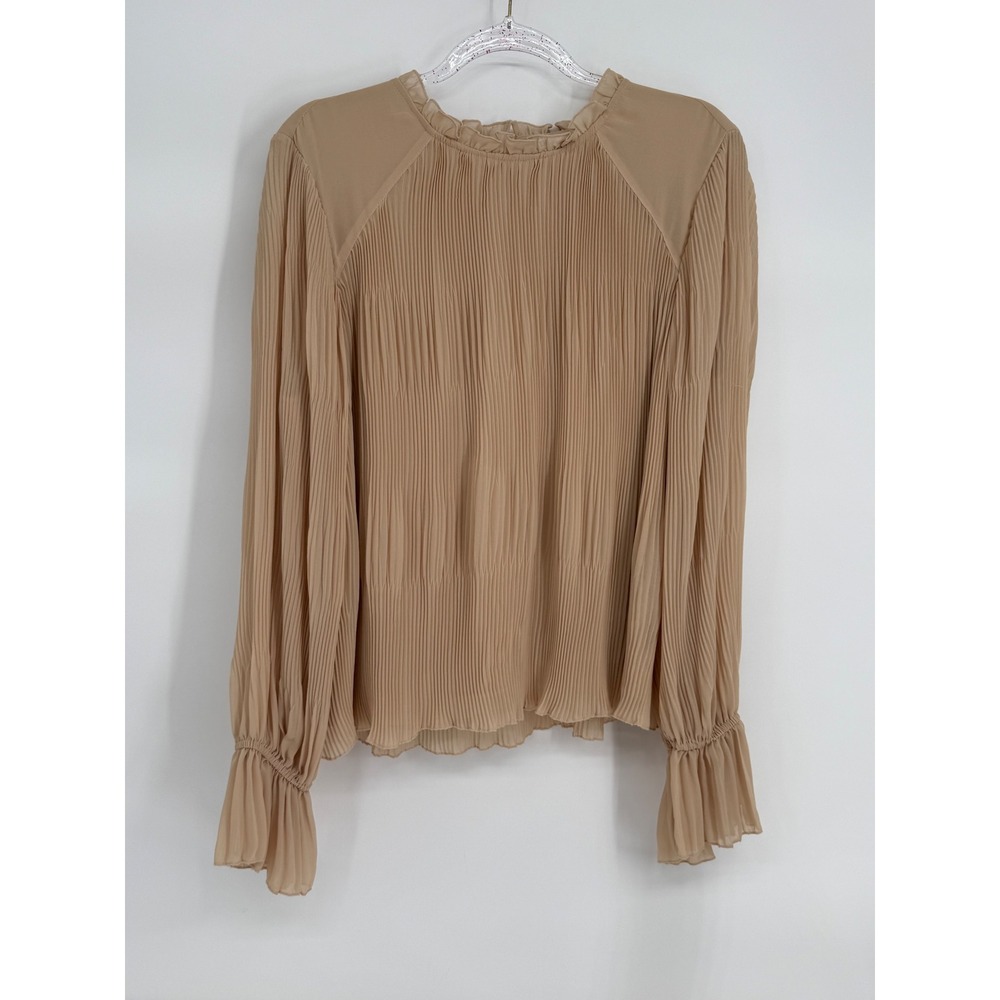 DR2 by Daniel Rainn Tan Pleated Ruffle Neck Blouse Long Slv Balloon Cuff Sz XL